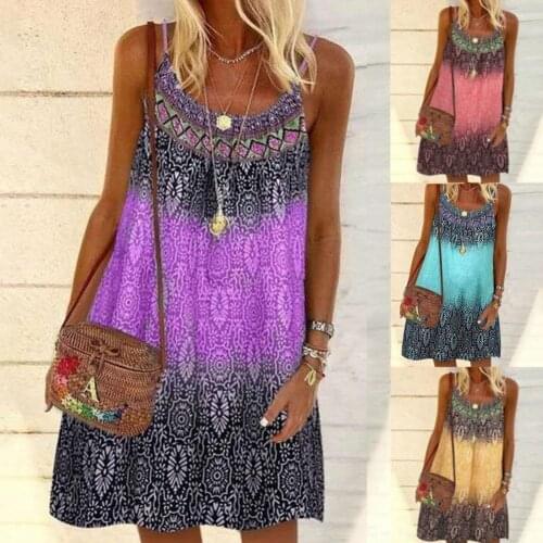 2021 Summer Women Dress Printed Sling Ladies Bohemian Loose Chiffon Dresses A-Line Beach Dress Plus Size M-4XL Vestidos
