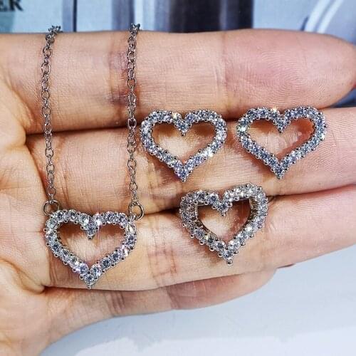 2021 NEW Fashion Luxury Big Love Heart Shape 925 Sterling Silver Hollow Design Earring Ring Jewelry Set Micro Inlaid Zircon