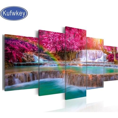 5d diy diamond painting 5 Piece Red Tree Rainbow Falls embroidery full square/round diamond mosaic,crystal diamond Landscape