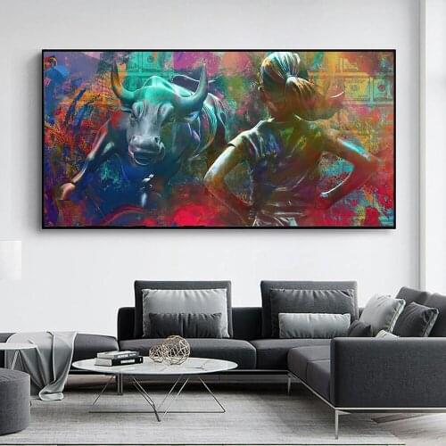 Abstract Graffiti Canvas Wall Paintings Bullfight Brave Girl Money U.S. Dollar Posters And Prints For Living Room Decor Pictures