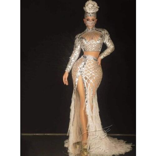 Shiny Rhinestone Long Sleeve Tops Lace Skirt Women Adult Celebrate Party Clothes Nightclub Female Singer Stage Costumes DQL4816