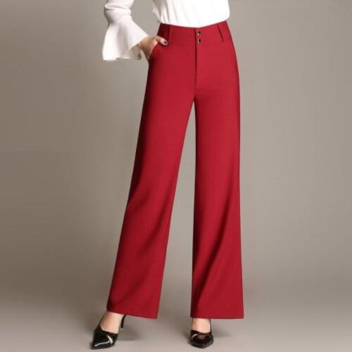 Fashion Spring Fall Office Ladies Women Red Black Green High Waist Wide Leg Straight Pants , 2017 Female Woman Elegant Trousers