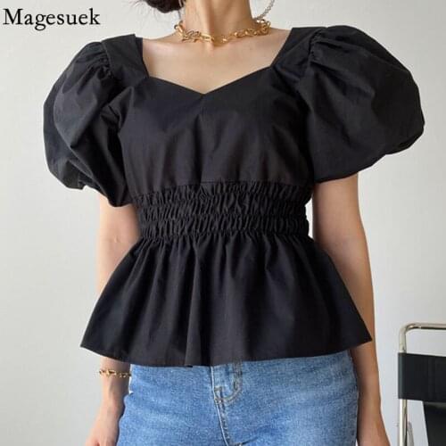 Elegant Ruffles Square Collar Summer Shirts Korean Elastic Pleated Blouse Women Puff Sleeve Slim Tops Female 2021 Blusas 15556