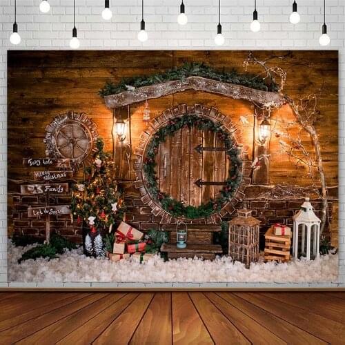 Winter Christmas Tree Backdrop Gift Wooden House Wreath Light Snowflake XMAS Photography Background Photo Studio Photozone Decor