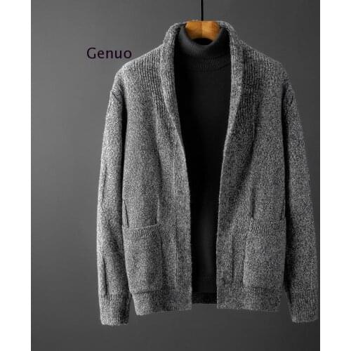 Autumn Winter Men Mandarin Collar Cardigan Warm Thick Soft Pocket Spacious Long Sleeve Clothes Knitted Casual Male Sweater
