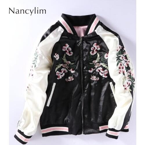 Short Jacket Cherry Pollen Embroidery Baseball Coat Women / Men Two-sided Yokosuka Bf Long Sleeved Jackets Student Spring Autumn