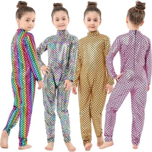 4 6 8 10 12Years One Piece Mermaid Jumpsuits Baby Rompers Kids Clothes Baby Catsuits Faux Leather Skinny Shinny Cosplay Costume