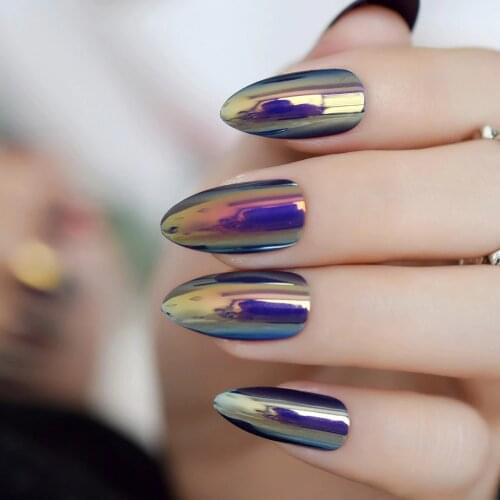 Metallic Mirror Bright Chrome False Stilettos Nail Metal Oval Almond Sharp Fake Nails Manicure Full Nails Art Tips