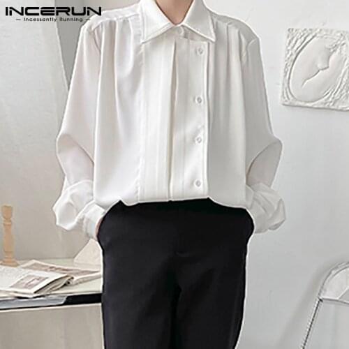 2021 Men Shirt Solid Color Lapel Button Loose Long Sleeve Camisa Masculina Streetwear Fashion Casual Party Tops S-5XL INCERUN