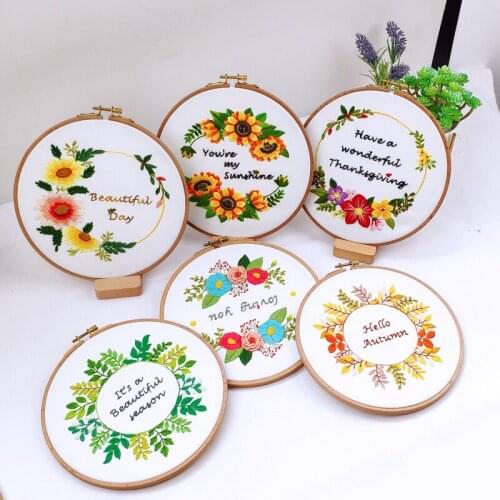 Flower Pattern Printed DIY Embroidery Kit Cross Stitch Needlework Set with Hoop Handmade Arts Craft Painting Sewing Gift
