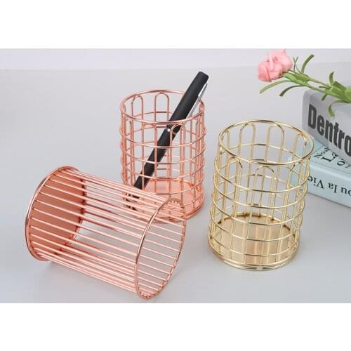 INS Desktop Pen Holder Office School Storage Case Metal Gold Rose Gold Box Desk Pen Pencil Organizer Home Decor Makeup Storage