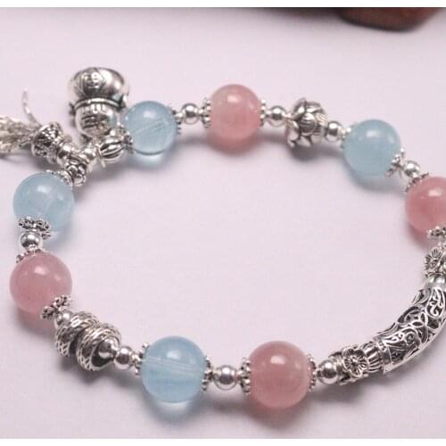 New Pure 925 Sterling Silver Bracelet 10mm Strawberry Quartz And Aquamarine Bead Bracalet Symbol Of Love