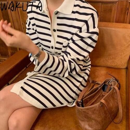 WAKUTA Autumn and Winter New Short Sweater Dress Women Loose Striped Buttons Sweater Korean Style Casual Knit Dresses Vintage