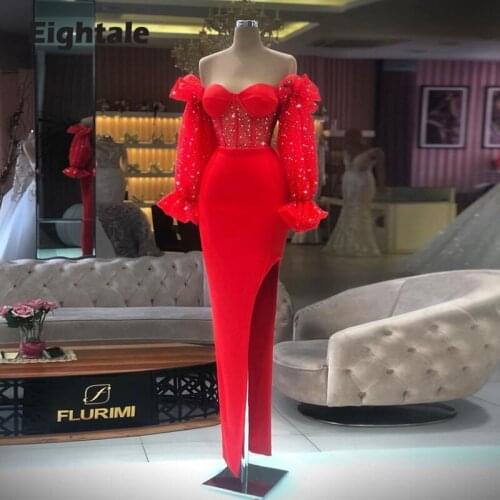 Eightale Arabic Evening Dresses Red Shiny Long Puff Sleeves Off Shoulder Mermaid Prom Gown Long Formal Party Dress Custom Made