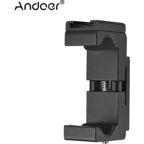 Andoer Q12 Adjustable Aluminum Alloy Phone Holder Clip 1/4" Screw Holes w/ Cold Shoe Socket for iPhone Samsung Huawei Xiaomi