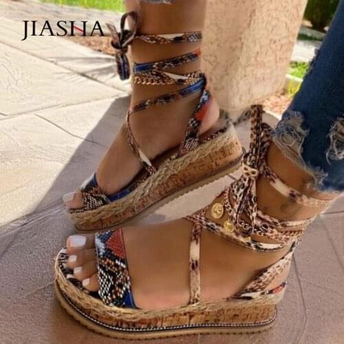 Platform sandals women fashion snake print summer sandals ladies cross strap ankle lace peep toe femmes sandales women shoes