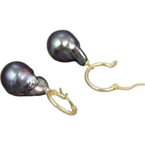 GG Jewelry 18MM Natural Black Keshi Baroque Freshwater Pearl Earrings Gold Color Plated Hook Classic For Women