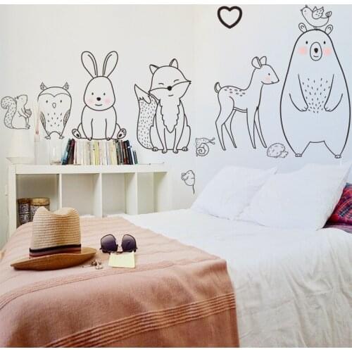 Nordic Cartoon Animal Wall Sticker for Kids Room Decoration Bear Fox Wolf Baby Children Room Decal Nursery Mural Decor Wallpaper