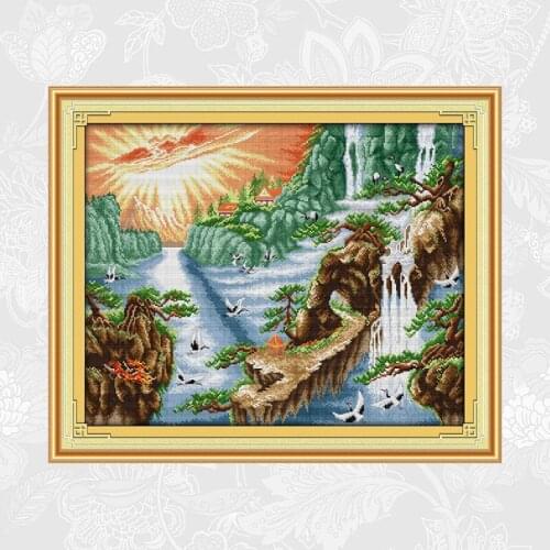 Sunshine waterfall Scenery Cross Stitch kits Printed Aida Canvas 14CT 11CT Cross-stitch DIY Handmade Embroidery Needlework Sets