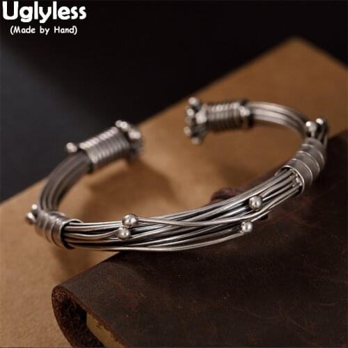 Uglyless Super Cool Multi Layers Silver Lines Tied Unisex Bangles for Men Women 11MM Thick Open Bangle 925 Thai Silver Jewelry