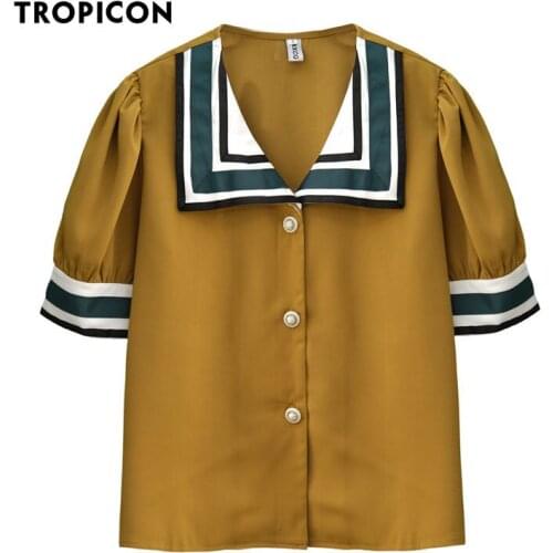 TROPICON Vintage Sailor Collar Puff Sleeve Top Blouse Women Yellow Summer Ladies Top Satin Short Sleeve Korean Fashion Clothing
