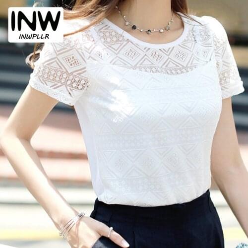 Women Lace Blouse Femme Tops Chiffon Shirt Summer 2019 White Short Sleeve Blusa Feminina Hollow Women Top Shirt Blouse Plus Size