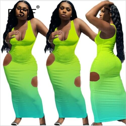 Women Sleeveless Sexy Club Party Long Maxi Dress Hole Fashion Skinny Vestidos Longo