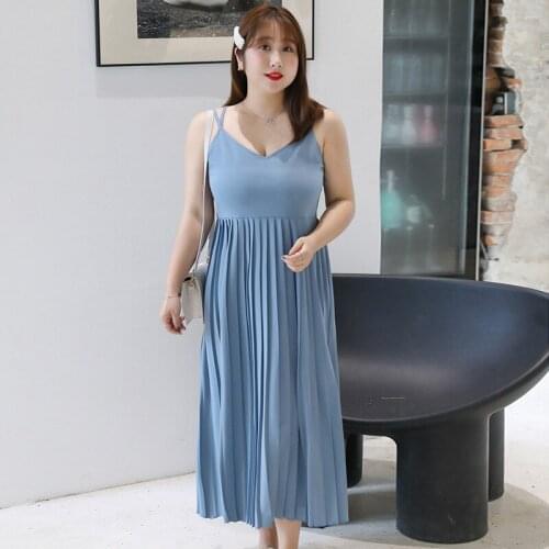 Womens summer solid color pleated vest commuter dress plus size calf length casual dress 100 kg can wear