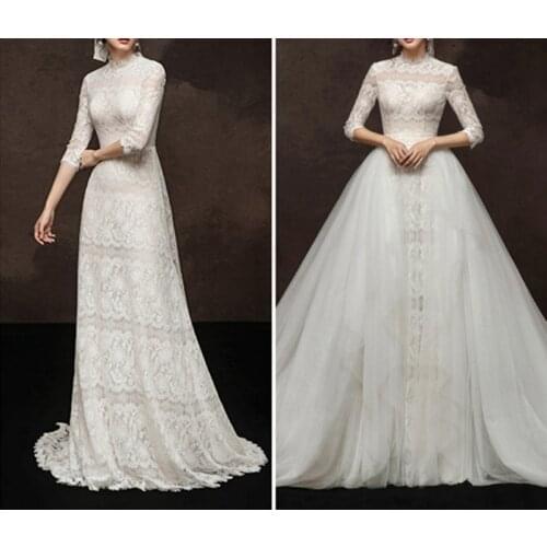 4272# High Neck 3/4 Long Sleeve Sexy Backless Wedding Dress Sweep Lace Tulle Bride Dress Wedding Gown with Detachable Train