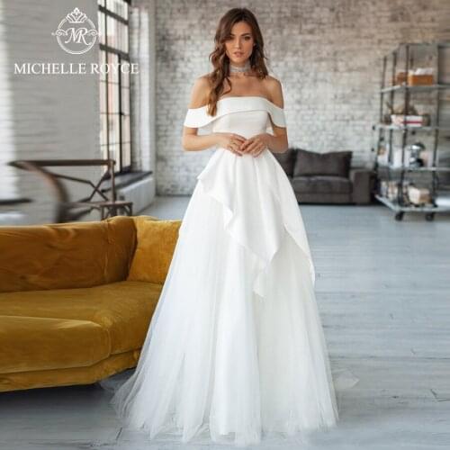 Michelle Royce A-Ling Wedding Dresses 2020 Sexy Boat Neck Sleeveless Lace Up Chapel Train Bridal Gowns Vestido De Noiva