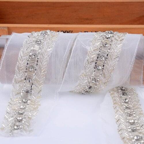 2 Yard/Lot Beaded Lace Applique Rhinestones Trim Lace Fabric 2018 High Quality Sewing Accessories Diy Wedding Chain Free Ship