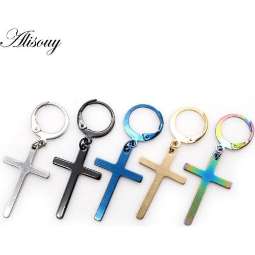 Alisouy 2pc New Round Cross Earrings Men Stainless Steel Pendant Stud Earrings Punk Rock Captive Male Earrings piercing Jewelry