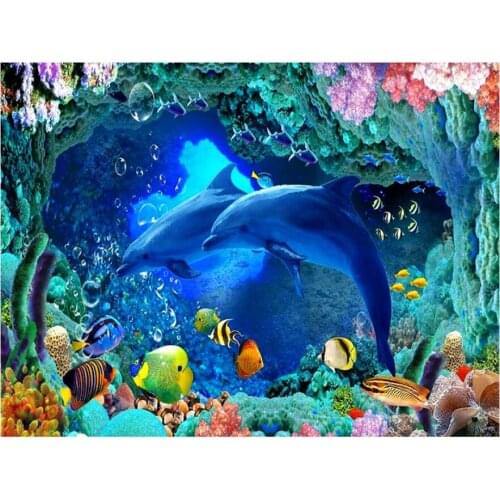 Dolphins diamond painting fishes landscape sea mosaic art picture embroidery cross stitch rhinestones picture puzzle wall decor