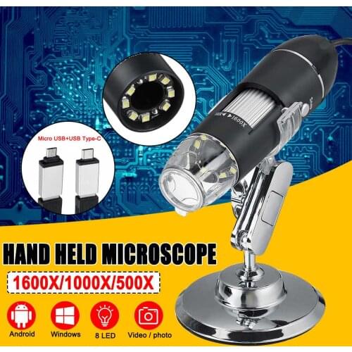 3 in 1 8 LED Digital Microscope Type-C/Micro USB For Android Phone PC Magnifier Electronic Digital Microscope 500X 1000X 1600X