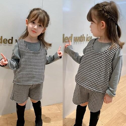 Childrens Girls' Clothes T-Shirt For Girls Vest Short Pants 3Piece Set Plaid Suit Long Sleeve Bottoming Shirt Spring Autumn New