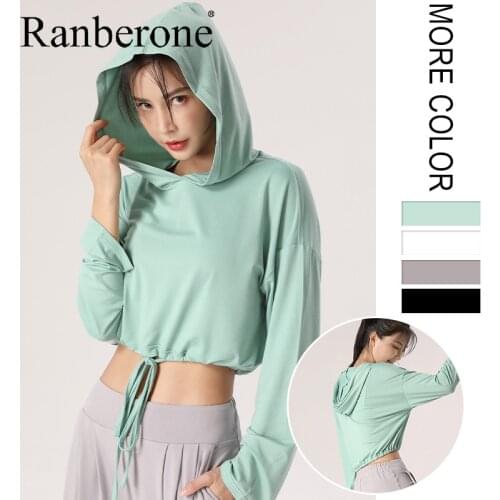 Ranberone Yoga T-shirt Fitness Wear Long-Sleeved Women Hooded Running Sportswear Gym Crop Top Solid Running Sport Shirts Female