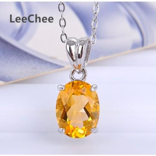 LeeChee 100%Natural citrine pendant real 925 Solid Sterling Silver jewelry 7*9mm yellow gemstone necklace for women gift 1.7CT