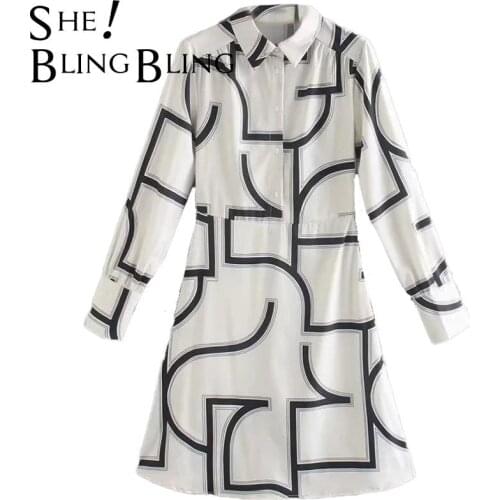 SheBlingBling Summer Fashion Turn Down Collar Button Front High Waist Women Casual Dress Linear Print Female Knee Length Dress