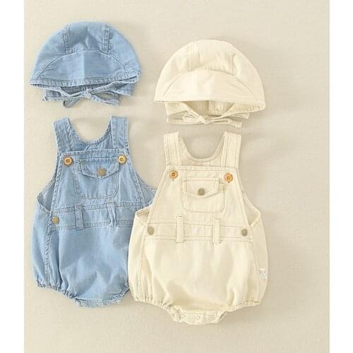 Ins summer baby boys and girls light color jeans hat two piece triangle climbing suit