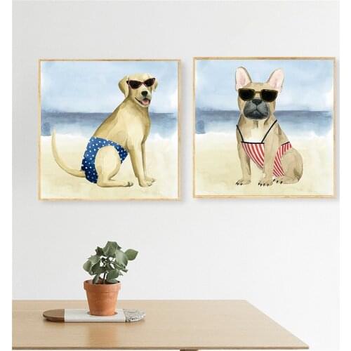Cute Bikini Dog Poster Prints Funny Animal Wall Print Canvas Painting Sea Beach Kids Room Decor Wall Pictures for Living Room