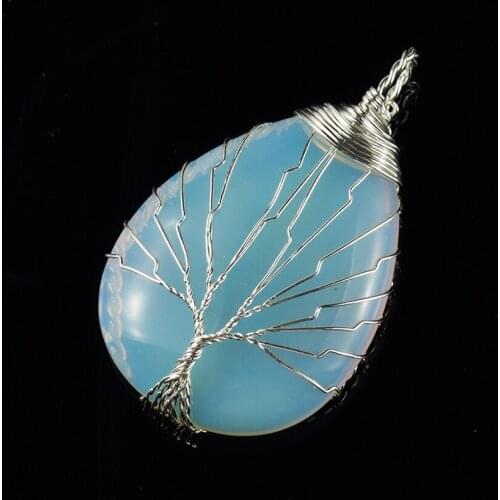 Trendy-beads Summer Style Silver Plated Tree Life Wire Wrapped Water Drop Opalite Opal Pendant Fashion Jewelry