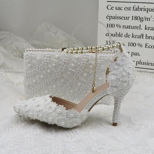 Fashion Lace Flower Wedding Shoes With Matching Bags High Heels Pointed Toe Ankle Strap Ladies Party shoe and bag set Pearl Shoe