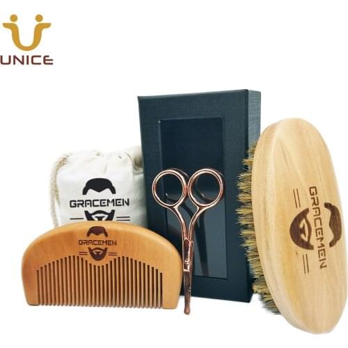 MOQ 100 Sets OEM Custom LOGO Men Beard Care Kit with Beard Brush and Beard Comb and Scissors in Customized Bag & Box