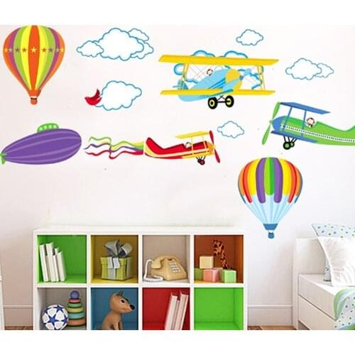 Cartoon Airplane and Hot Air Balloons Removable Wall sticker Vinyl Decals For Kids Room Boys Home Decoration Mural