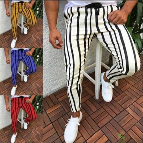 New mens classic striped stretch casual pants Cargo 2019 mens fashion straight small feet sports jogging pants