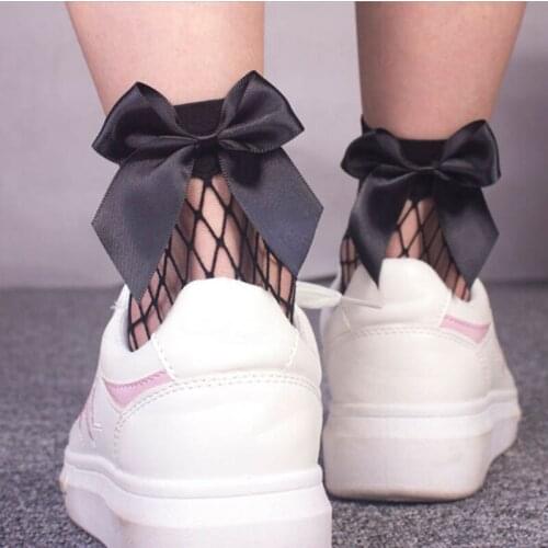 New Women Sexy Black Mesh Short Ankle Socks Christmas Girls Fishnet Socks With Cute Bow Ladies Socks 3 Colors