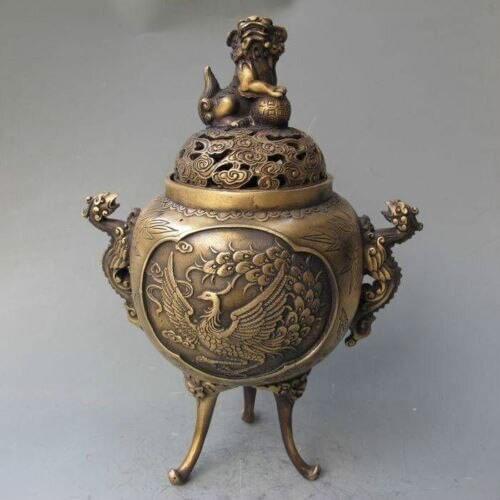 Elaborate Chinese Copper Phoenix Incense Burner with Lion Lid and Ming Dynasty Xuan De Mark