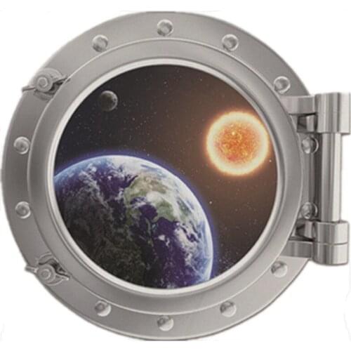 Fake spacecraft window stickers Sun Earth Moon 3d wall art vinyl mural home decoration starry stars landscape wallpaper 70*50cm