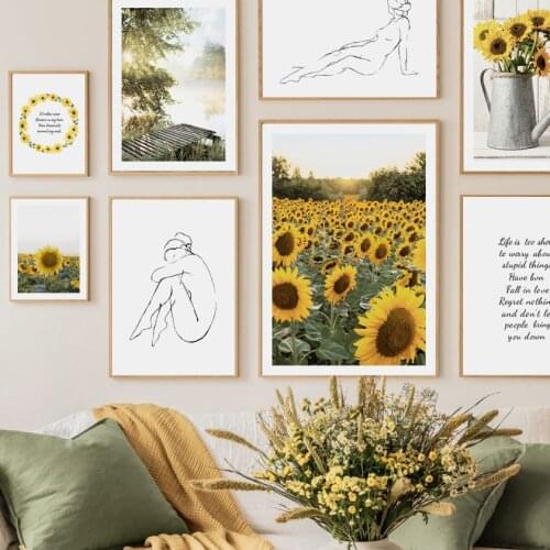 Sunflower Meadow Sunset Foggy Lake Canvas Painting Wall Art Nordic Posters and Prints Wall Pictures for Living Room Decoration