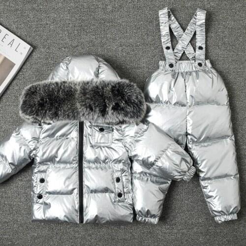 NEW Russian Winter Fox Fur Girls Boys Down Jackets Thicker Kids snowsuits winter Children Duck Down Jackets+overalls 2 PCS